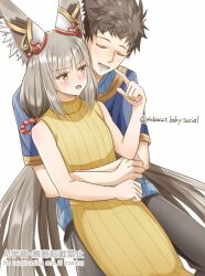 1boy 1girl artist_name blush brown_hair commentary_request couple cuddling dress grey_hair highres hug husband_and_wife long_hair nia_(xenoblade) piubiscuit rex_(xenoblade) signature spiked_hair twitter_username xenoblade_chronicles_(series) xenoblade_chronicles_3 yellow_dress