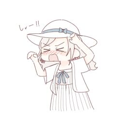 &gt;_&lt; 1girl amano_tatsu blue_bow blue_ribbon blush bow ceras_yanagida_lilienfeld ceras_yanagida_lilienfeld_(summer_casual) claw_pose cowboy_shot cropped_legs deformed dress dress_ribbon embarrassed hat hat_bow highres hissing jacket link!_like!_love_live! love_live! nose_blush open_clothes open_jacket open_mouth ribbon short-sleeved_jacket short_sleeves simple_background solo v-shaped_eyebrows virtual_youtuber white_background white_dress white_hat