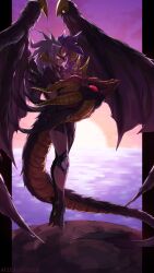 1other absurdres duel_monster full_body green_eyes grey_hair heterochromia highres horns ocean orange_eyes purple_hair red_eyes spiked_hair sunset third_eye wings yu-gi-oh! yubel yubel_-_the_loving_defender_forever zealmaker