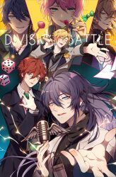 6+boys :p amemura_ramuda argyle_clothes argyle_necktie arisugawa_dice bags_under_eyes bishounen black_cape black_jacket black_scarf black_shirt blonde_hair blue_background blue_eyes blue_hair brown_hair buttons candy cape chain closed_mouth coattails collarbone collared_cape collared_shirt commentary cross cross_necklace dark_blue_hair dice earrings english_commentary english_text eyelashes fling_posse flower flower_brooch food formal_clothes green_eyes green_hoodie green_jacket green_necktie grey_suit hand_on_own_chest hand_on_own_face hen-tie highres holding holding_candy holding_food holding_lollipop holding_microphone hood hood_down hoodie hypnosis_mic hypnosis_microphone izanami_hifumi jacket jewelry jinguji_jakurai kannonzaka_doppo layered_sleeves licking lightning lollipop long_hair loose_hair_strand matenro_(hypnosis_mic) microphone multiple_boys multiple_rings necklace necktie offering_hand one_eye_closed open_clothes open_jacket open_mouth outstretched_arm paper pink_hair pink_shirt pinstripe_pattern pinstripe_shirt poster_(medium) purple_eyes purple_jacket reaching reaching_towards_viewer ring rose scarf shirt short_hair sidelocks single_earring smile striped suit tassel tassel_earrings teeth tongue tongue_out two-tone_background v-neck watermark white_jacket white_shirt yellow_background yellow_eyes yellow_flower yellow_rose yumeno_gentaro