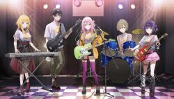2boys 3girls bare_shoulders bass_guitar black_hair black_shoes black_skirt blonde_hair blue_eyes blue_shorts closed_mouth drum electric_guitar flatshi green_eyes green_pants guitar hair_between_eyes hair_bun high-waist_skirt highres holding holding_microphone instrument jacket keyboard_(instrument) long_hair long_skirt looking_at_viewer microphone miniskirt multicolored_skirt multiple_boys multiple_girls music pants pink_eyes pink_hair pink_skirt playing_instrument purple_hair purple_thighhighs red_skirt red_socks see-through_clothes see-through_skirt shirt shoes short_hair shorts sidelocks single_side_bun skirt sleeveless sleeveless_shirt socks thighhighs white_shirt yellow_jacket yuzu-soft