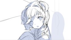 Rule 34 | 1girl, :o, against wall, blazer, blush, collared shirt, commentary, doki doki literature club, doki doki literature club plus, doki doki literature club school uniform, dot nose, dress shirt, english commentary, eyebrows hidden by hair, from side, game cg, greyscale, hair intakes, hair ornament, hair ribbon, head tilt, highres, hugging own legs, jacket, kneehighs, knees to chest, knees up, long eyelashes, long sleeves, looking at viewer, looking to the side, monochrome, natsuki (doki doki literature club), neck ribbon, non-web source, official art, on floor, open mouth, parted bangs, parted hair, portrait, production art, raised eyebrows, raised inner eyebrows, ribbon, satchely, school uniform, shadow, shirt, short hair, sidelocks, sketch, socks, solo, sweater vest, thick eyelashes, two side up, unfinished, upper body, white background, wide-eyed, x hair ornament
