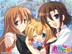 Rule 34 | 3girls, ;d, bad id, blonde hair, blue eyes, breasts, brown hair, hinata mutsuki, kagami yuuki, kajiwara ayumi, katagiri yoshihisa, large breasts, long hair, looking at viewer, multiple girls, official art, official wallpaper, one eye closed, onetama, open clothes, open mouth, open shirt, purple eyes, smile, takami haruka, touka (onetama)