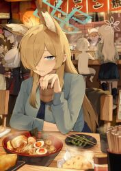 2boys 4girls absurdres animal_ear_fluff animal_ears black_hair black_skirt blonde_hair blue_archive blue_eyes blue_necktie blue_shirt blue_skirt blush clenched_teeth closed_eyes cup dog_ears dog_girl doodle_sensei_(blue_archive) food from_behind fuuka_(blue_archive) gurenola hair_over_one_eye haruna_(blue_archive) highres holding holding_cup kanna_(blue_archive) konoka_(blue_archive) long_hair looking_at_another looking_at_viewer master_shiba_(blue_archive) multiple_boys multiple_girls necktie noodles open_mouth ramen sensei_(blue_archive) sharp_teeth shirt sidelocks skirt teeth white_hair white_shirt |_|