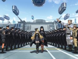 3girls 6+boys arm_up beige_pants beige_shirt black_footwear black_hair black_skirt blonde_hair boots brown_hair cannon cloud coat cross dai_(series) daiteikoku day eisen_manstein el_rommel ermi_doenitz flag_print fringe_trim full_body game_cg garrison_cap germany gloves grecia_goebbels grey_eyes grey_hair grey_pants grey_shirt hat headwear_request iron_cross knee_boots lineup long_hair looking_at_viewer mary_janes military military_hat military_uniform multicolored_hair multiple_boys multiple_girls nazi non-web_source open_clothes open_coat orion_(orionproject) pants pantyhose peaked_cap retia_adolf salute shirt shoes short_hair skirt sky star_(symbol) submarine thigh_boots thighhighs two-tone_hair walking watercraft