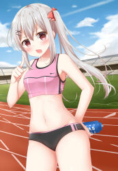 1girl blue_sky nike side_ponytail sky stadium track_and_field track_and_field_uniform