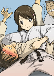 00s 1girl 2boys blush brown_hair dennou_coil dougi hashimoto_fumie judo judogi judoka long_hair multiple_boys sakaki_imasato sawaguchi_daichi short_hair