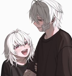 1boy 1girl :d aegyo_sal aged_down antenna_hair aohitsugi_nemu aohitsugi_samatoki black_shirt brother_and_sister bruise colored_eyelashes commentary_request empty_eyes eye_contact from_side gauze gauze_on_cheek grabbing_another&#039;s_arm hair_between_eyes half-closed_eyes height_difference highres hypnosis_mic injury light_blush looking_at_another medium_hair open_mouth profile raised_eyebrows red_eyes shirt short_hair short_sleeves siblings sidelighting simple_background smile t-shirt white_background white_hair you_emceez