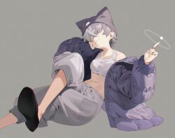 1girl absurdres amrkdrw animal_hat black_shoes cat_hat coat crop_top crossed_legs earrings grey_background grey_hair grey_pants hair_over_eyes hand_on_own_cheek hand_on_own_face hat head_on_hand head_rest highres jewelry leaning_back midriff navel off_shoulder orbital_path original pants pointing purple_coat purple_hat shoes skull_print smile solo stud_earrings tank_top white_tank_top