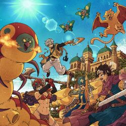 Rule 34 | 2boys, 2girls, armor, axe, bag, bare shoulders, battle, bikini armor, black hair, black shirt, blue hair, blue hat, blue tabard, blue tunic, bodysuit, boomerang, breasts, brown gloves, circlet, cleavage, clenched teeth, cloak, cross, desert, dragon quest, dragon quest iii, elbow gloves, furrowed brow, gem, gloves, grey hair, hat, helmet, highres, holding, holding axe, holding bag, holding staff, holding sword, holding weapon, long hair, medium breasts, mitre, monster, multiple boys, multiple girls, open mouth, orange bodysuit, outdoors, pants, pelvic curtain, priest (dq3), purple cloak, purple hair, red gloves, red helmet, roto (dq3), sand dune, shirt, short hair, shoulder armor, shouting, sideboob, staff, sweat, sword, tabard, teeth, thief (dq3), toriga, tunic, warrior (dq3), weapon, white pants, winged cat, winged helmet, yellow gemstone, yellow gloves, yellow shirt