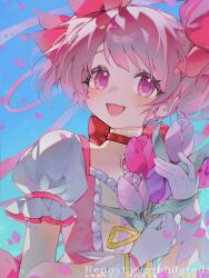 1girl :d backlighting blue_sky bouquet bow buttons center_frills chest_jewel choker clear_sky close-up collarbone comuplenty day eyelashes falling_petals flat_chest flower frilled_sleeves frills gem gloves hair_ribbon hands_up happy highres holding holding_bouquet kaname_madoka kaname_madoka_(magical_girl) leaf light_blush light_particles looking_at_viewer mahou_shoujo_madoka_magica mahou_shoujo_madoka_magica_(anime) open_mouth outdoors pastel_colors petals pink_eyes pink_flower pink_gemstone pink_hair pink_petals pink_ribbon pink_theme pink_tulip puffy_short_sleeves puffy_sleeves purple_flower purple_tulip red_choker ribbon ribbon_choker saturated short_sleeves short_twintails sidelocks sky smile solo soul_gem square_neckline sunlight swept_bangs tareme thick_eyelashes tulip twintails twitter_username upper_body watermark white_flower white_gloves white_tulip wispy_bangs yellow_bow