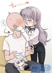 1boy 1girl aozora_kyoka black_pants borrowed_character character_doll doll faceless faceless_male go_yasukuni grey_hair high-waist_pants highres kiss long_hair messy_hair original pants simple_background white_background