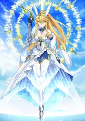 1girl ahoge animal_ears arm_at_side armor armored_boots armored_gloves artoria_pendragon_(fate) artoria_pendragon_(swimsuit_ruler)_(fate) artoria_pendragon_(swimsuit_ruler)_(third_ascension)_(fate) bare_shoulders blonde_hair blue_background blue_collar blue_gloves boots breasts bright_pupils closed_mouth collar dress elbow_gloves expressionless fate/grand_order fate_(series) feather_boa full_body game_cg gloves greaves green_eyes hair_between_eyes hand_up high_ponytail holding ishida_akira large_breasts layered_dress legs_together long_hair long_sidelocks looking_at_viewer narrow_waist official_art ponytail ponytail_with_braided_base rabbit_ears see-through_skirt_layer sidelocks solo standing straight-on strapless strapless_dress thigh_boots third-party_source tiara variant_set very_long_hair white_dress