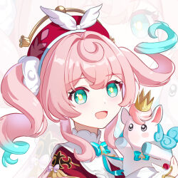 1girl animal aqua_hair chinese_commentary commentary_request dress drill_hair hat holding holding_animal honkai:_star_rail honkai_(series) hyacine_(honkai:_star_rail) little_ica_(honkai:_star_rail) multicolored_hair open_mouth pink_hair red_dress red_hat shi-er-shi solo twintails two-tone_hair upper_body white_background zoom_layer