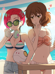 2girls ? amate_yuzuriha beach_umbrella bikini bikini_top_only breasts brown_eyes brown_hair commentary_request frilled_bikini frills gluteal_fold green-tinted_eyewear gundam gundam_gquuuuuux haro headphones headphones_around_neck heart hibike!_euphonium highres laofuzi_dai_bansho looking_at_another multiple_girls navel oumae_kumiko red_hair shorts small_breasts stomach sunglasses swimsuit thigh_gap tinted_eyewear umbrella