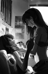 2girls absurdres applying_another&#039;s_makeup applying_lipstick applying_makeup bang_dream! bang_dream!_it&#039;s_mygo!!!!! blush camisole cigarette closed_mouth commentary_request cosmetics earrings greyscale hand_on_another&#039;s_chin hero45439083942 highres holding holding_cigarette holding_lipstick_tube indoors jewelry lipstick_tube long_hair monochrome multiple_girls multiple_rings open_mouth poster_(object) ring shiina_taki smile smoke smoking straddling strap_slip yahata_umiri yuri