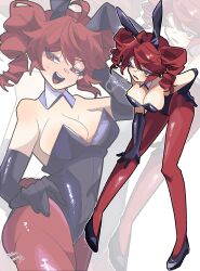 Rule 34 | 1girl, ahoge, alternate costume, animal ear hairband, animal ears, artist name, black gloves, black hairband, black leotard, black shoes, blush, breasts, cleavage, drill hair, elbow gloves, fake animal ears, gloves, hairband, hand on own hip, highres, kasane teto, large breasts, leotard, one eye closed, open mouth, pantyhose, red eyes, red hair, red pantyhose, satoro301, shoes, smile, solo, sweat, twin drills, utau