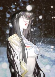 Rule 34 | 1girl, absurdres, black hair, blood, blood on face, blue eyes, blurry, blurry background, blurry foreground, breasts, epaulettes, frown, highres, junketsu, kill la kill, li 2 cun, long hair, looking at viewer, medium breasts, outdoors, school uniform, snow, solo, very long hair