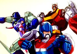 Rule 34 | 1980s (style), 1boy, 1girl, armor, baikanfu, bodysuit, brown eyes, brown hair, full body, habara nobuyoshi, helmet, highres, kenryuu (machine robo), leina stol, long hair, machine robo, machine robo chronos no dai gyakushuu, mecha, official art, oldschool, open mouth, power armor, retro artstyle, robot, rom stol, simple background, skirt, smile, white background