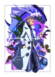 1boy absurdres beard bodysuit book border brown_eyes brown_hair cccacademia closed_mouth coat facial_hair highres holding holding_book iron_bundle iron_hands_(pokemon) iron_jugulis iron_moth iron_valiant long_sleeves male_focus miraidon mixed-language_commentary nintendo open_clothes open_coat pokemon pokemon_(creature) pokemon_sv purple_background short_hair signature professor_turo undercut white_border white_coat