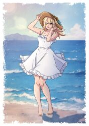 Rule 34 | 1girl, arm up, bare legs, barefoot, beach, blonde hair, blue eyes, blush, breasts, cloud, collar, collarbone, day, dress, facepaint, flower, frilled collar, frilled skirt, frills, full body, hand on headwear, hand on own hat, hat, henna (hentaiukr), hentaiukr, highres, horizon, knees, korzynka persykiv, long hair, looking at viewer, nostrils, ocean, one eye closed, open mouth, outdoors, shadow, shiny skin, skirt, sky, sleeveless, sleeveless dress, small breasts, smile, solo, standing, straw hat, sun hat, sundress, sunflower, teeth, toes, tongue, ukrainian flag, upper teeth only, water, white dress, white petticoat