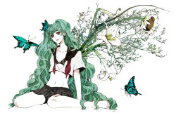 1girl 708 bad_id bad_pixiv_id barefoot bug butterfly female_focus flower green_hair groin hatsune_miku ikebana insect long_hair midriff navel necktie open_clothes open_shirt shirt sitting solo twintails very_long_hair vocaloid