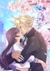 1boy 1girl absurdres artist_name black_hair black_jacket blonde_hair blue_eyes blue_sailor_collar blue_sky blurry blurry_background blush cherry_blossoms closed_mouth cloud cloud_strife cloud_strife_(midgard_seventh_high_school) cloudy_sky commentary couple cropped_shirt earrings english_commentary eye_contact falling_petals final_fantasy final_fantasy_vii final_fantasy_vii_ever_crisis from_side gakuran height_difference highres hug iwonn_(pixiv943160) jacket jewelry long_hair long_sleeves looking_at_another midriff midriff_peek neckerchief official_alternate_costume petals pink_petals profile red_eyes red_neckerchief sailor_collar school_uniform serafuku shirt sky smile sparkle spiked_hair stud_earrings tifa_lockhart tifa_lockhart_(midgard_seventh_high_school) upper_body white_serafuku white_shirt