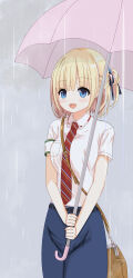 Rule 34 | 1girl, absurdres, armband, bag, belt, black belt, blonde hair, blue eyes, blue skirt, diagonal-striped clothes, diagonal-striped necktie, highres, hinai paulette, holding, holding umbrella, maitetsu, necktie, pencil skirt, rain, red necktie, rhj9b9r, satchel, shirt, short hair, short sleeves, skirt, smile, solo, striped clothes, umbrella, white armband, white shirt