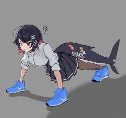 1girl ? ai-generated_art_(topic) all_fours bear_position black_hair black_pantyhose black_skirt blue_shoes breasts closed_mouth collared_shirt colored_inner_hair commentary ellen_joe ellen_joe_(on_campus) english_commentary fins fish_tail grey_background hair_ornament hands_in_shoes highres italian_brainrot_ai_animals_(meme) medium_breasts meme miniskirt mixed-language_commentary momocadraw multicolored_hair nike_(company) pantyhose pleated_skirt red_eyes red_hair shark_girl shark_tail shirt shoes short_hair simple_background skirt sleeves_rolled_up sneakers solo tail white_shirt zenless_zone_zero