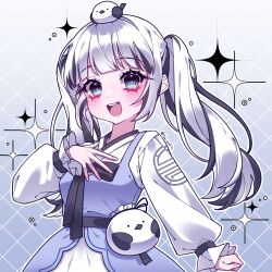 +_+ 1girl 2omong 2omong_(1st_costume) absurdres animal animal_on_head argyle_background bathroom bird bird_on_head blush brick_floor brick_wall chain-link_fence checkered_background constellation diffraction_spikes fence glint grey_hair hanbok hexagon highres honeycomb_(pattern) indie_virtual_youtuber korean_clothes long_hair meechu on_head open_mouth plaid_background silk solo sparkle sparkle_background sparkling_eyes spider_web stone_wall tears teeth tia_xxxf tile_floor tile_wall tiles virtual_youtuber