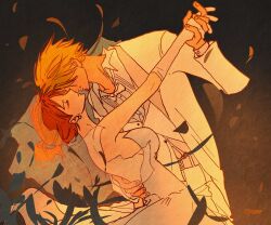 1boy 1girl absurdres blonde_hair closed_eyes dancing dress food formal_clothes gloves highres holding holding_food nami_(one_piece) one_piece orange_hair ponytail sanam_1piece sanji_(one_piece) suit white_gloves