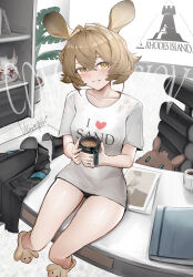 1girl absurdres alternate_costume animal_ears arknights bare_legs black_jacket brown_hair chair coffee_mug collarbone commentary commission crossed_bangs cup dorothy_(arknights) english_commentary hair_between_eyes highres holding holding_cup jacket looking_at_viewer mouse_ears mouse_girl mug office_chair plant potted_plant rhodes_island_logo_(arknights) shirt short_hair short_sleeves signature sitting sitting_on_table smile solo stuffed_animal stuffed_rabbit stuffed_toy swivel_chair wawamachi white_shirt yellow_eyes