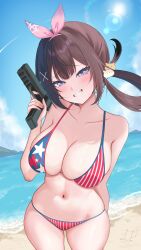 1girl absurdres ayamy_(vtuber) bare_shoulders beach bikini blue_bikini blue_eyes blue_sky blush breasts brown_hair cleavage cloud cloudy_sky collarbone commentary day english_commentary fingernails grin gun hair_ribbon hair_rings highres holding holding_gun holding_weapon indie_virtual_youtuber large_breasts leon_decarabia long_hair looking_at_viewer multicolored_bikini nail_polish navel outdoors pink_hair pink_nails red_bikini ribbon sand single_hair_ring sky smile solo stomach striped_bikini striped_clothes swimsuit thighs two-tone_bikini vertical-striped_bikini vertical-striped_clothes virtual_youtuber weapon