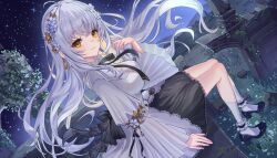 black_ribbon dress flower frilled_dress frilled_skirt frilled_sleeves frills hair_flower hair_ornament highres indie_virtual_youtuber leaf lolita_fashion long_hair night night_sky ribbon ruins shoes sitting skirt sky socks sofieru sofieru_(artist) star_(sky) white_hair white_socks yellow_eyes