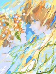 2girls absurdres artist_name blue_background blue_eyes brown_hair eye_contact flower highres looking_at_another medium_hair multiple_girls orie_h original
