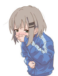 1girl blue_jacket blush covering_own_mouth cropped_torso doublep0ints furrowed_brow green_eyes hair_ornament hairclip hand_on_own_stomach hand_over_own_mouth hand_up highres imminent_vomiting jacket leaning_forward light_brown_hair long_sleeves looking_at_viewer medium_hair nausea nose_blush sidelocks simple_background solo tearing_up track_jacket white_background yama_no_susume yukimura_aoi