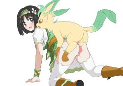 1boy 1girl absurdres all_fours animal_ears ass bestiality black_hair blush brown_eyes censored clothed_sex doggystyle erika_(pokemon) erika_(sygna_suit)_(pokemon) gen_4_pokemon green_hairband grey_eyes hairband hetero highres leafeon mosaic_censoring nintendo nivi open_mouth penis pokemon pokemon_(creature) pokemon_masters_ex pokephilia pussy sex sex_from_behind tail testicles thighhighs vaginal white_background white_thighhighs yellow_fur