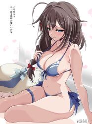 1girl bikini black_hair blue_bikini blue_eyes braid breasts cleavage commentary_request front-tie_bikini_top front-tie_top hair_between_eyes hair_flaps hair_over_shoulder hat highres kantai_collection long_hair medium_breasts official_alternate_costume shigure_(kancolle) shigure_kai_san_(kancolle) shigure_kai_san_(swimsuit)_(kancolle) side-tie_bikini_bottom simple_background single_braid sitting solo straw_hat sun_hat swimsuit toms translation_request white_background yokozuwari