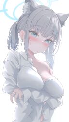 Rule 34 | 1girl, absurdres, alternate hairstyle, animal ear fluff, animal ears, arm under breasts, blue archive, blue eyes, blush, breasts, closed mouth, earrings, extra ears, grey hair, highres, jewelry, large breasts, looking at viewer, ponytail, shirai soushichi, shiroko (blue archive), shirt, single bare shoulder, solo, stud earrings, sweat, white shirt, wolf ears, wolf girl