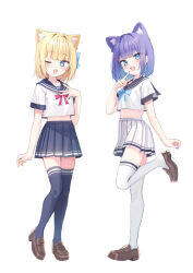 2girls :d ;d animal_ear_fluff animal_ears black_sailor_collar black_skirt black_thighhighs blonde_hair blue_bow blue_eyes blue_hair bow brown_shoes cat_ears commentary_request crop_top fang finger_to_mouth hair_ornament hairclip highres loafers midriff multicolored_hair multiple_girls navel one_eye_closed open_mouth pleated_skirt purple_hair red_bow rukiroki saeki_sora sailor_collar sasugano_roki sasugano_ruki shirt shoes siblings simple_background sisters skirt smile standing standing_on_one_leg thighhighs twins two-tone_hair virtual_youtuber white_background white_shirt white_skirt white_thighhighs