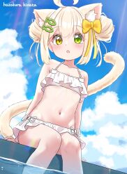 1girl :o ahoge animal_ears artist_name bare_shoulders bikini bikini_skirt blonde_hair blue_sky blush cat_ears cat_girl cat_tail check_commentary cloud cloudy_sky commentary_request day dot_nose double_bun extra_ears fish_hair_ornament flat_chest frilled_bikini frills green_eyes hair_bun hair_ornament hands_on_ground hazakura_hinata heterochromia highres kurumi_(hazakura_hinata) looking_at_viewer medium_hair midriff navel original outdoors sidelocks sitting sky smile solo swimsuit tail tail_raised water white_bikini yellow_eyes