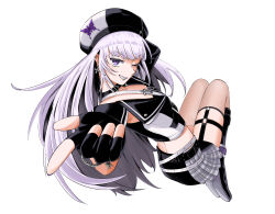Rule 34 | 1girl, absurdres, animal print, asymmetrical legwear, belt, belt buckle, beret, black belt, black boots, black collar, black gloves, black hat, black shirt, black skirt, boots, buckle, butterfly print, collar, commentary request, crop top, cropped shirt, ear piercing, earrings, fingerless gloves, gloves, grey skirt, hat, highres, index finger raised, itsumeee3, jewelry, knee boots, knees up, legs together, long hair, looking at viewer, mismatched legwear, mole, mole under eye, multiple belts, multiple moles, one eye closed, piercing, purple eyes, purple hair, rk music, shirt, skirt, smile, solo, textless version, thighhighs, two-tone hat, two-tone shirt, two-tone skirt, virtual youtuber, white background, white belt, white hat, white shirt, xiden