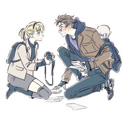 1boy 1girl animification backpack bag black-framed_eyewear black_hairband blonde_hair blue_boots blue_eyes blue_pants blue_shirt blush boots breast_pocket brown_eyes brown_hair brown_jacket camera collared_shirt glasses grey_skirt grey_socks grey_thighhighs gwen_stacy hairband hands_up high_heels hime_cut holding holding_camera holding_paper hood hooded_jacket jacket lapels long_hair long_sleeves looking_at_another marvel nike_(company) open_clothes open_jacket open_mouth pants paper peter_parker pocket ponytail purple_shirt semi-rimless_eyewear shirt shoes short_hair simple_background sitting skateboard skdlfjgrp skirt sneakers socks spider-man_(series) striped_clothes striped_socks sweat the_amazing_spider-man thighhighs white_background white_jacket