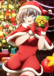 1girl blue_eyes blue_hair blush box breasts capelet christmas christmas_tree cleavage dress fur-trimmed_capelet fur-trimmed_gloves fur-trimmed_headwear fur_trim gift gift_box gloves hair_between_eyes hat highres holding looking_at_viewer medium_breasts merry_christmas miniskirt mizuno_yumiko narsena open_mouth party_kara_tsuihousareta_sono_chiyushi_jitsu_wa_saikyou_ni_tsuki red_capelet red_gloves red_hat santa_costume santa_dress santa_hat short_hair skirt smile solo standing thighs