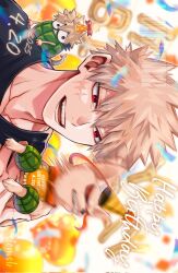 1boy animal animalization bakugou_katsuki balloon black_shirt blonde_hair boku_no_hero_academia clenched_teeth commentary confetti crew_neck dated dog english_text facial_scar hair_between_eyes happy_birthday hat highres holding holding_animal holding_dog male_focus on_shoulder open_mouth party_hat person_and_animalization red_eyes salt_-_siomsb scar scar_on_cheek scar_on_face shirt short_hair sideways smile spiked_hair teeth upper_body watermark