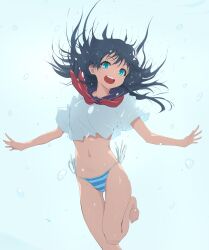 1girl :d absurdres air_bubble bikini bikini_bottom_only black_hair blue_bikini blue_eyes blue_sailor_collar breasts bubble commentary_request flower freediving hair_flower hair_ornament highres long_hair looking_at_viewer medium_breasts musaki_(msaki666) navel neckerchief open_mouth red_neckerchief sailor_collar sakugawa_school_uniform saten_ruiko school_uniform serafuku shirt side-tie_bikini_bottom smile solo swimsuit toaru_kagaku_no_railgun toaru_majutsu_no_index underwater white_shirt