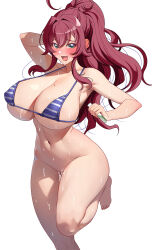 Rule 34 | 1girl, absurdres, ahoge, akihiro0920, antenna hair, aqua eyes, barefoot, bikini, bikini bottom only, border, bottomless, breasts, cleavage, collarbone, commentary request, green eyes, hair between eyes, highres, kimi no koto ga dai dai dai dai daisuki na 100-nin no kanojo, large breasts, large variant set, long hair, mole, mole on breast, navel, open mouth, ponytail, purple bikini, red hair, sidelocks, simple background, smile, solo, standing, standing on one leg, striped bikini, striped clothes, sweat, swimsuit, test tube, variant set, white background, yakuzen kusuri, yakuzen kusuri (older)