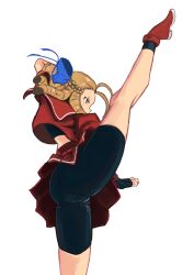 Rule 34 | 1girl, ass, bike shorts, black socks, blonde hair, blue ribbon, cameltoe, capcom, crop top, cropped shirt, drill hair, fingerless gloves, from behind, gloves, hair ribbon, kanzuki karin, kicking, leg lift, leg up, looking ahead, red shoes, red skirt, ribbon, shoes, shorts, skirt, socks, sports bra, street fighter, stretching, tikuwabu 33