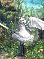 1girl boots claws commentary_request doll_joints dress expressionless fantasy flat_chest frilled_dress frills full_body green_eyes highres holding holding_sword holding_weapon house joints looking_at_viewer monster_girl nature original outdoors single_wing solo sword taitannsouru tree weapon white_dress white_hair wings