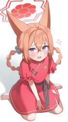 1girl absurdres animal_ears barefoot blue_archive braid braided_hair_rings brown_hair china_dress chinese_clothes commentary_request crossed_bangs dress fang flying_sweatdrops fox_ears fox_girl hair_between_eyes hair_rings halo highres looking_at_viewer official_alternate_costume official_alternate_hairstyle open_mouth purple_eyes red_dress red_halo rumi_(blue_archive) rumi_(small)_(blue_archive) short_sleeves sitting skin_fang solo sweatdrop toes toki_kimagure wariza white_background